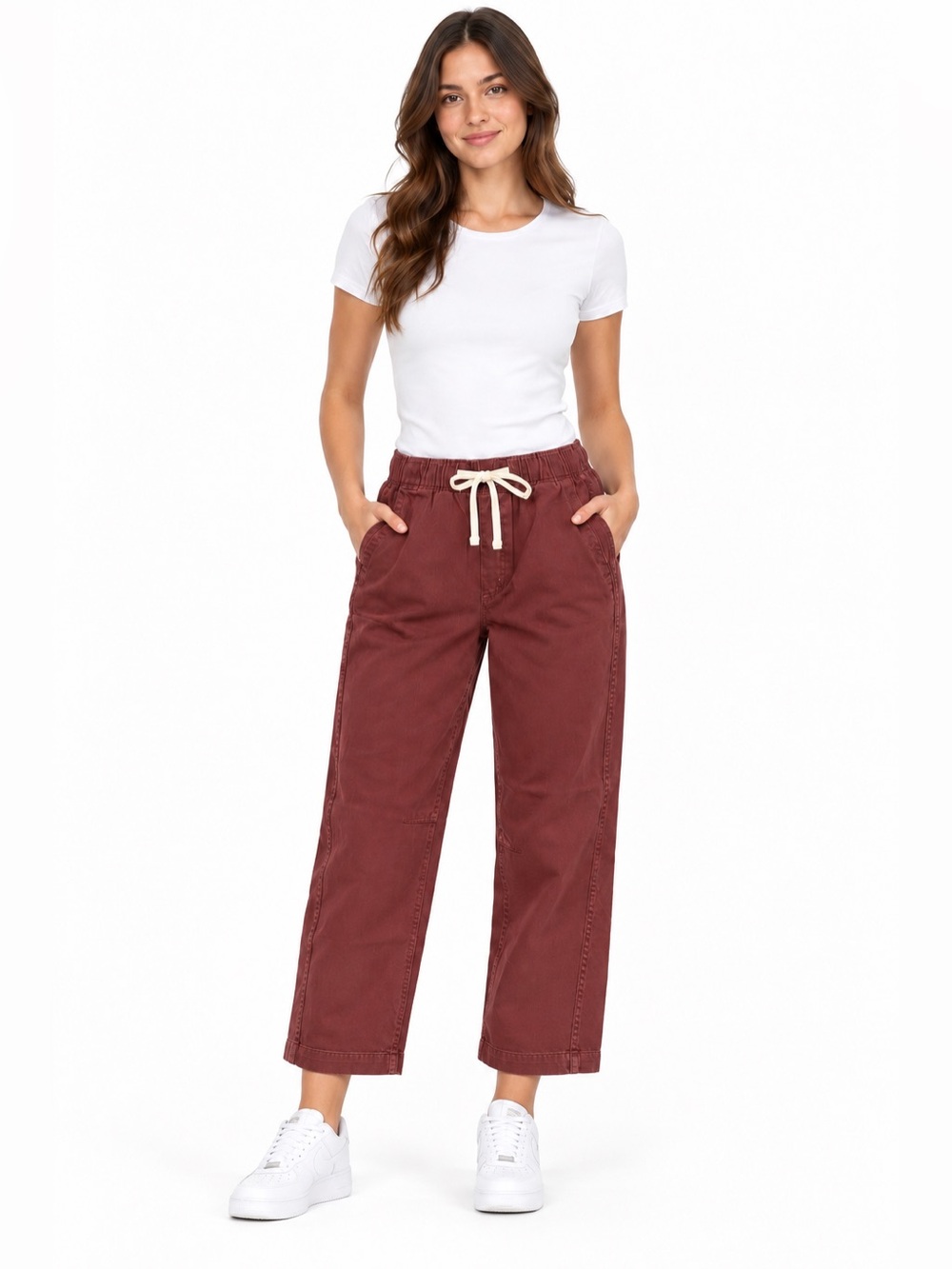 GAP Cropped Wide-Leg Drawstring Pants in Brick